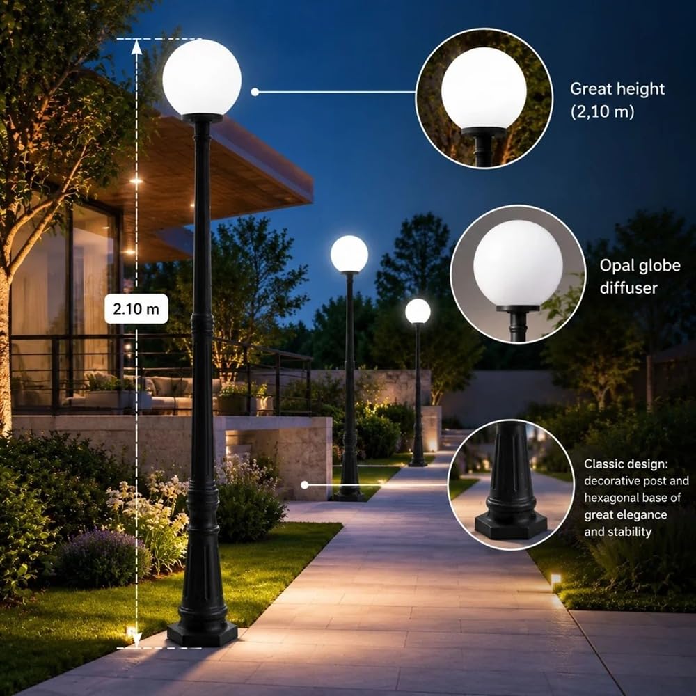 BARCELONA LED Lampa Ogrodowa Kula E27 2,10m IP44 Klasyczna | Ponadczasowy Styl,Dyfuzor Opalowy,IK04,Sześciokątna Podstawa,Odporna Żywica,Ogród Zewnętrzny