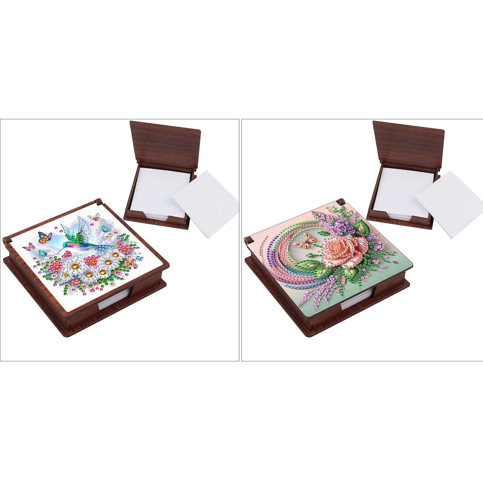 BAYUNOE 2Pcs Memo Paper Storage Box Diamond Art Painting Wooden 4.3x4.3 in Sticky Note Holder for Desk Organizer Notepad Holder Dispenser Office
