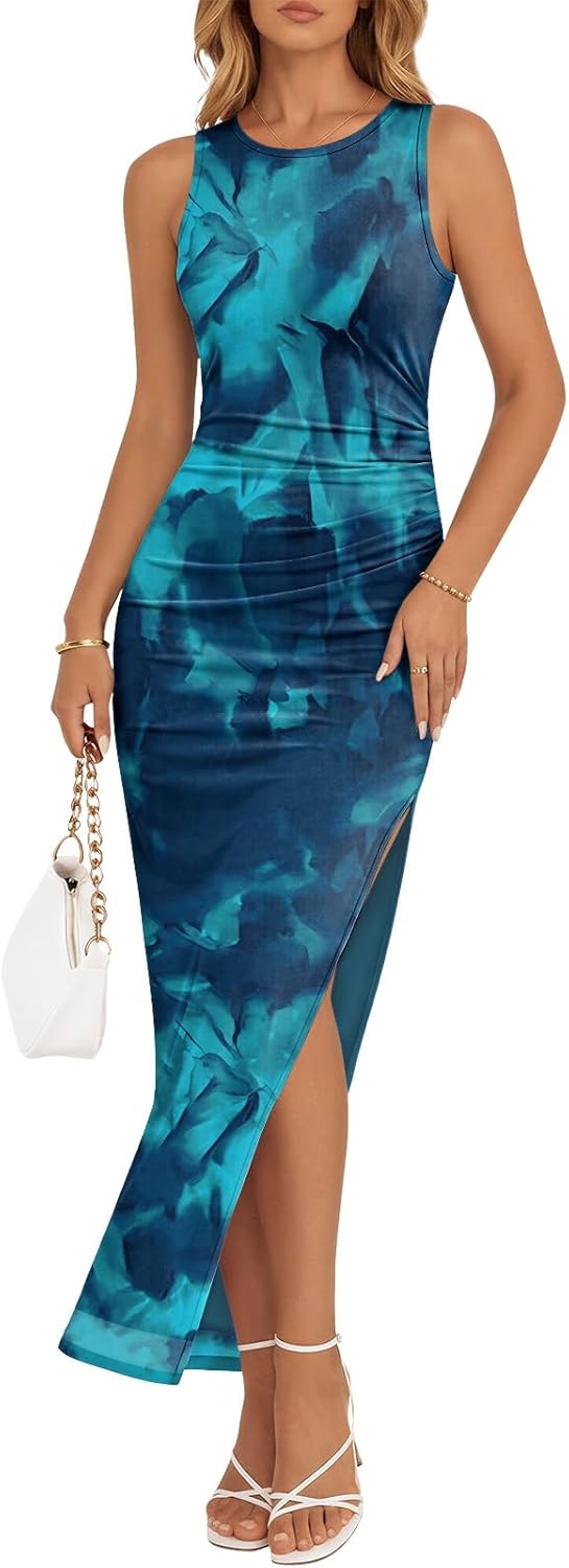 Trendy Queen Bodycon Maxi Dress Womens Sleeveless Floral Print Fitted Party Club Ruched Dresses with Side Slit