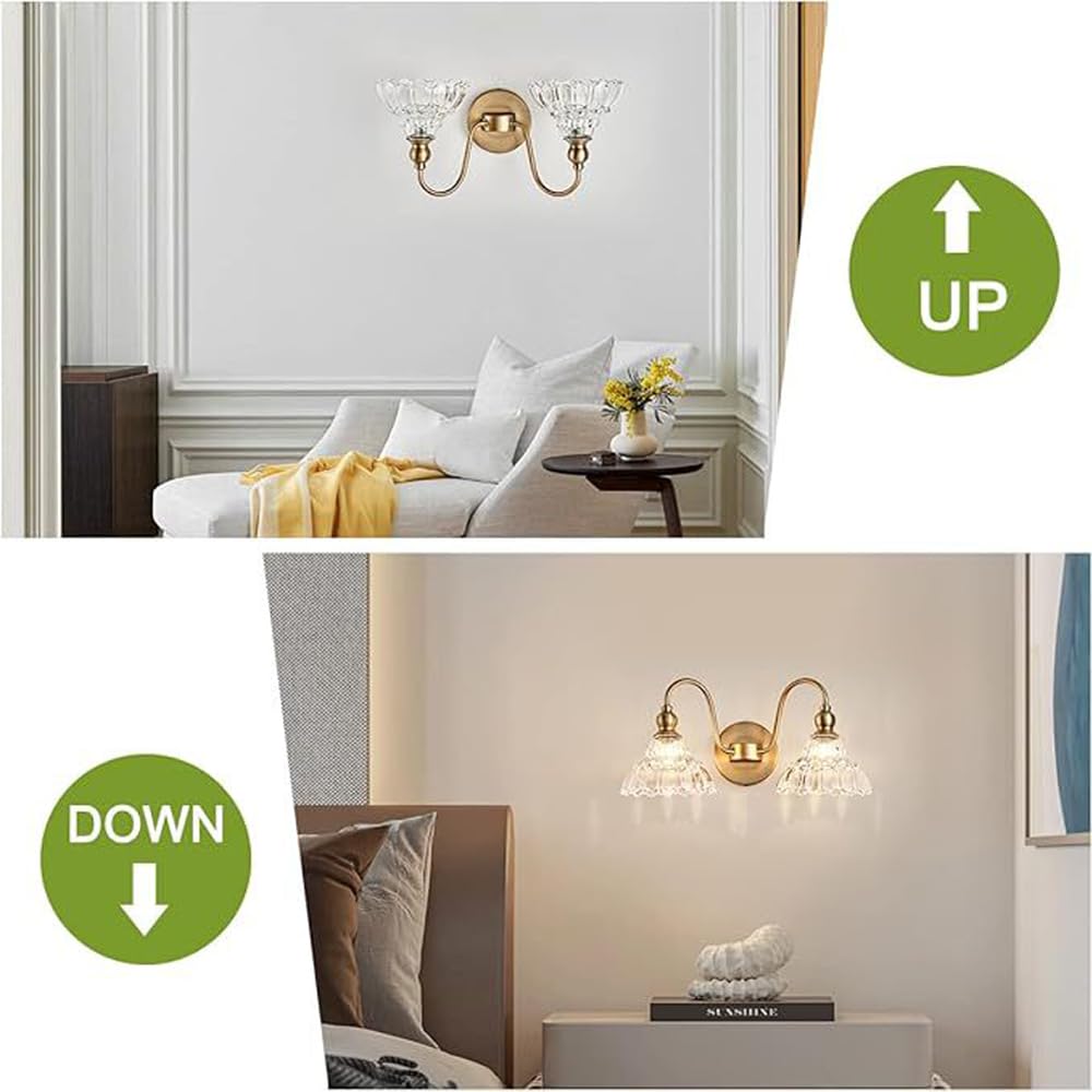 Mengjay Wandleuchte Gold Innen,Spiegelleuchte Bad Spiegellampe Vintage G9 Wandlampe 2 Flamming mit Glasschirm, Retro Metall Badezimmer Lampe Wand Modern Wandbeleuchtung (Gold, 2 Flammig)