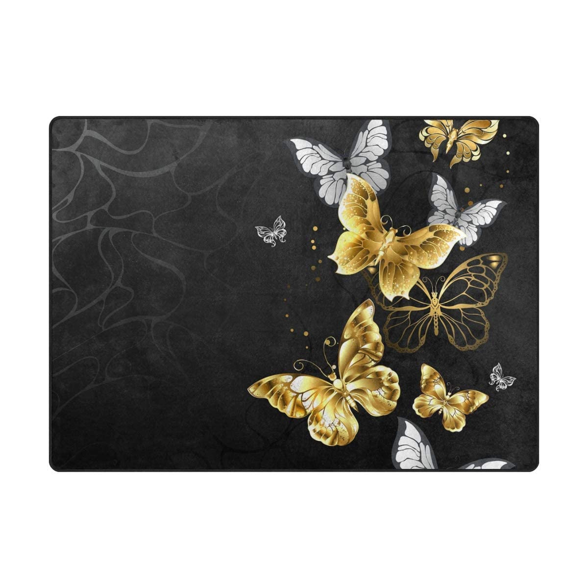 Bathroom Rug Doormat Home Decorative Gold White Butterflies Black Non-Slip Area Rug,Soft Microfiber Shaggy Plush Bath Rugs 19x31.5Inch