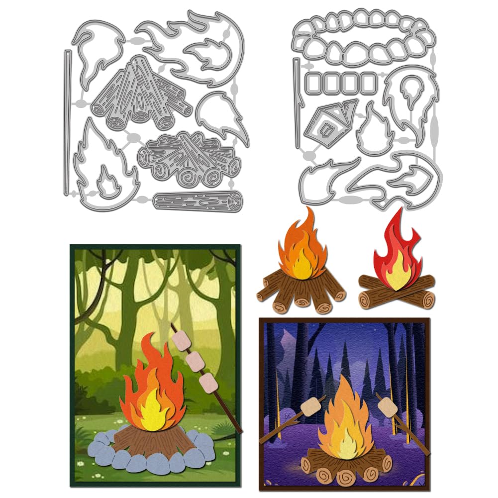 WADORN 2Pcs Campfire Pattern Cutting Dies Cut Stencils, Forest Campfire Templated Embossing Die Cuts Set for Scrapbooking Making Fire Theme Metal Die Cuts Cutting Dies for Greeting Invitation Cards