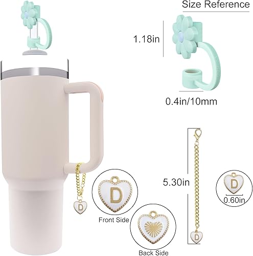Miniatura 6 de Velaco Paquete de 6  Accesorio de dije de letra inicial en forma de corazón con cadena y fundas de popote de silicona para vaso Stanley 20, 30, 40