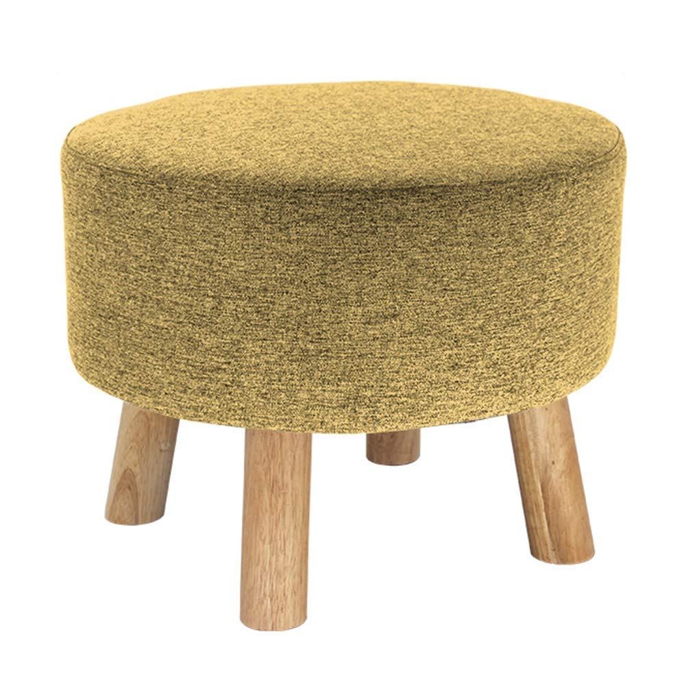 Pouf de salon haut de gamme en tissu et structure bois massif durable jaune
