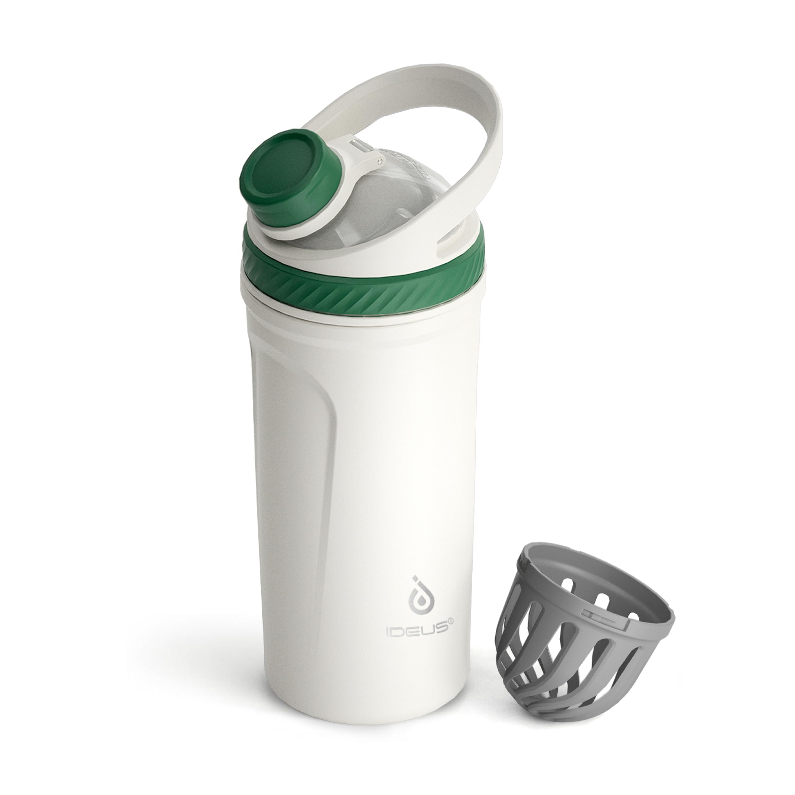Ideus Shaker Protein Trinkflasche 700ml (24oz)，Doppelwandig Edelstahl Sportflasche mit Skalierlinien, Metall Eiweiß Flasche mit Mischkugel, BPA frei, auslaufsicher Schraubverschluss (Olivenweiß)