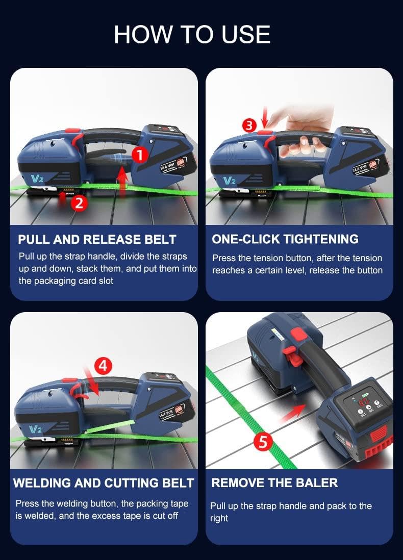 Reggiatrice, Reggiatrice elettrica con strumento schermo LCD, Pressa per balle portatile per reggette in PP PET da 13-19 mm, Alimentata a batteria da 4000 mAh, Reggiatrice automatica