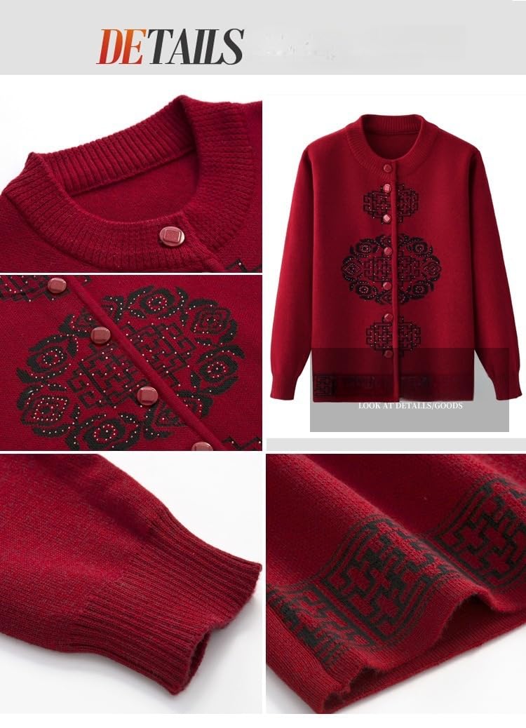 Cardigan Mujer Invierno,Suéteres De Punto Tipo Cárdigan para Personas De Mediana Edad Y Mayores Tops De Estilo Chino para Ancianas Tops De Lana De Invierno con Estampados Retro para Madres Chaque