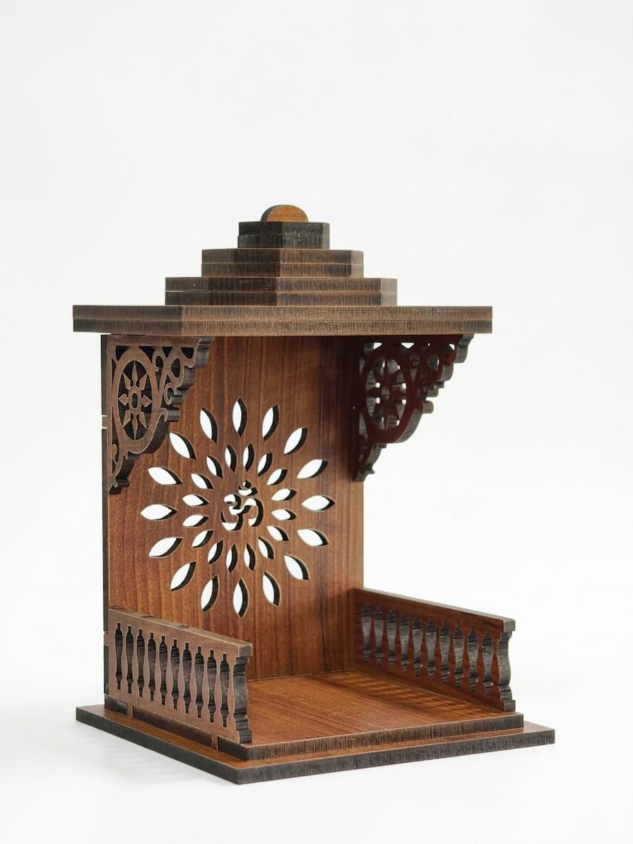 Handcrafted Wooden Car Dashboard Temple, Walnut Finish, Laser-Cut Om Floral Design, MDF Mandir for Car Interior (Open Side Temple)-image-26
