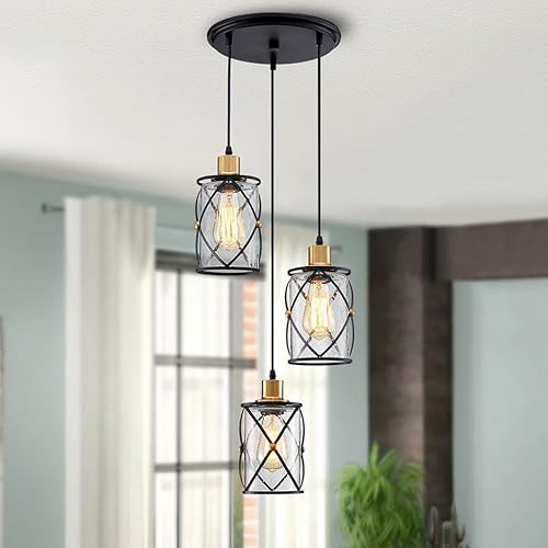 WUZUPS candelabro semi flushmount industrial 3-light colgante techo lámpara lámpara clara pantalla de vidrio semilla para entrada porche vestíbulo cocina comedor baño w29 e27 base negro con latón