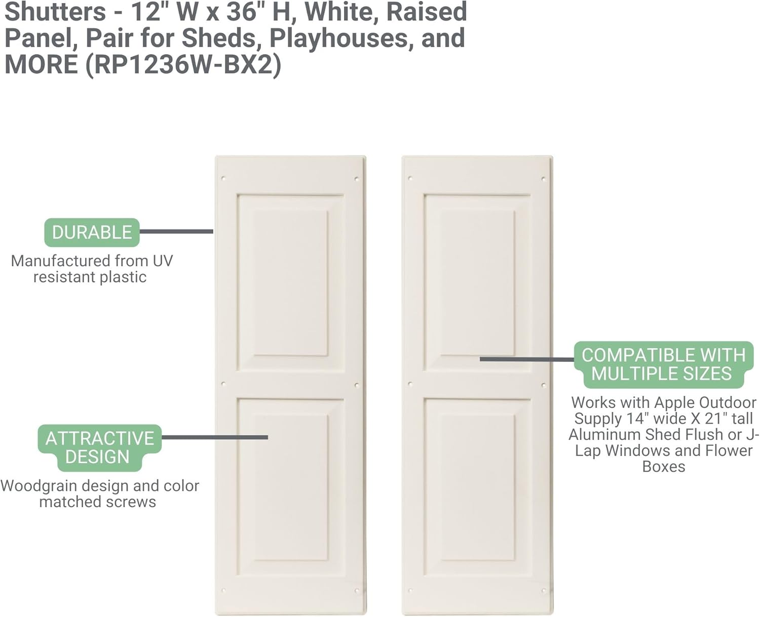 Shed Shutters Raised Panel 12" W x 36" H for Sheds, Playhouses, and Chicken Coops 1 Pair (Paintable)