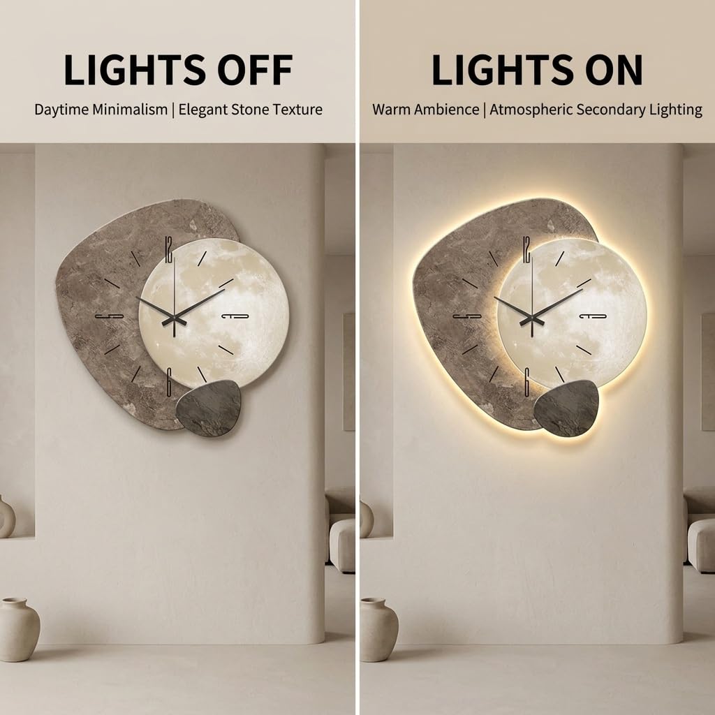 Orologio da parete moderno grande con luce LED, scultura da parete 3D silenziosa, orologio da parete decorativo per soggiorno e casa