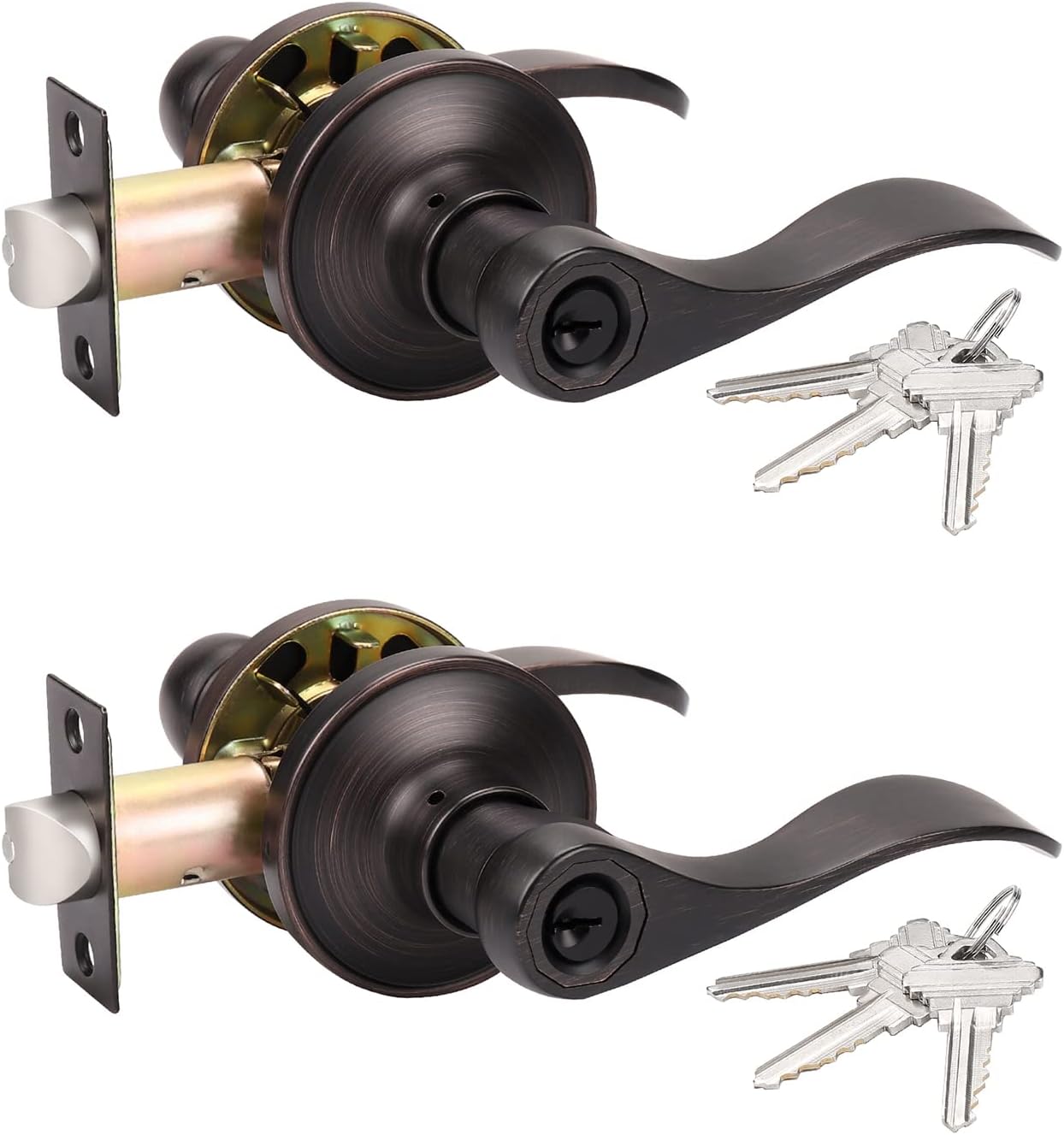 2 Pack Bronze Door Knobs, Exterior Door Handle Levers for Gate/Front Doors, Rubbed Brush Entry Door Handle with Lock and Key(Different Keys)