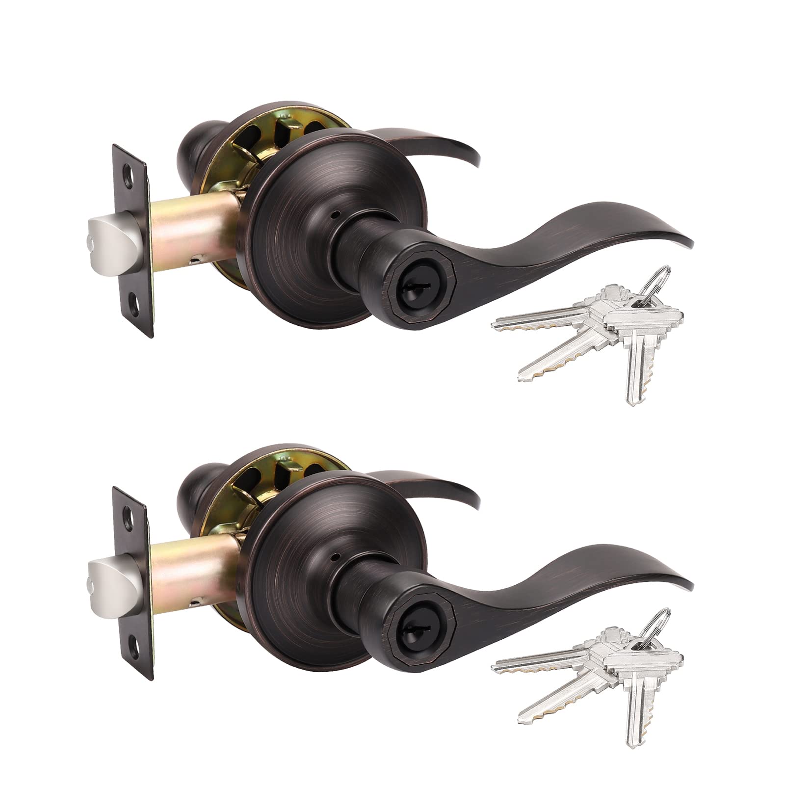 2 Pack Bronze Door Knobs, Exterior Door Handle Levers for Gate/Front Doors, Rubbed Brush Entry Door Handle with Lock and Key(Different Keys)