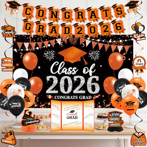 Image of Vlipoeasn Orange 2026 Graduation Party Decorations Black Orange 2026 College /High School Graduation Decorations Party Supplies, Orange Class of 2026 Congrats Grad Backdrop Banner Signature Book