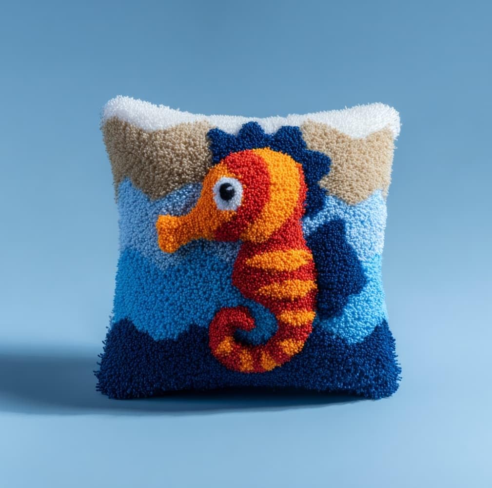 AxiangziK Latch Hook Kits 17x17in,Cartoon Seahorse Latch Hook Craft Decorative Tapestry DIY Needlework Rug Kits for Beginners Children Adults and Seniors