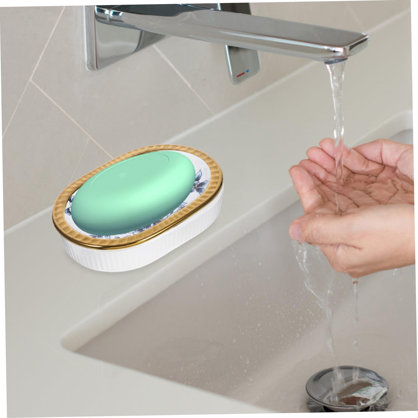 WOONEKY Jabonera de Cerámica Borde Dorado Diseño Simple y Elegante Doble Capa y Drenaje Rápido, Adecuado para Baño y Ducha