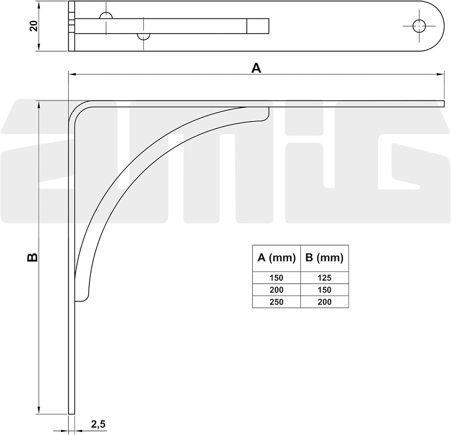 Amig - Bracket for Wall Shelves - Metal Bracket for Shelves - Angle for Shelves - Shelf Support - Steel - Black - Dimensions: 150x125 mm - Maximum Recommended Weight: 105 kg
