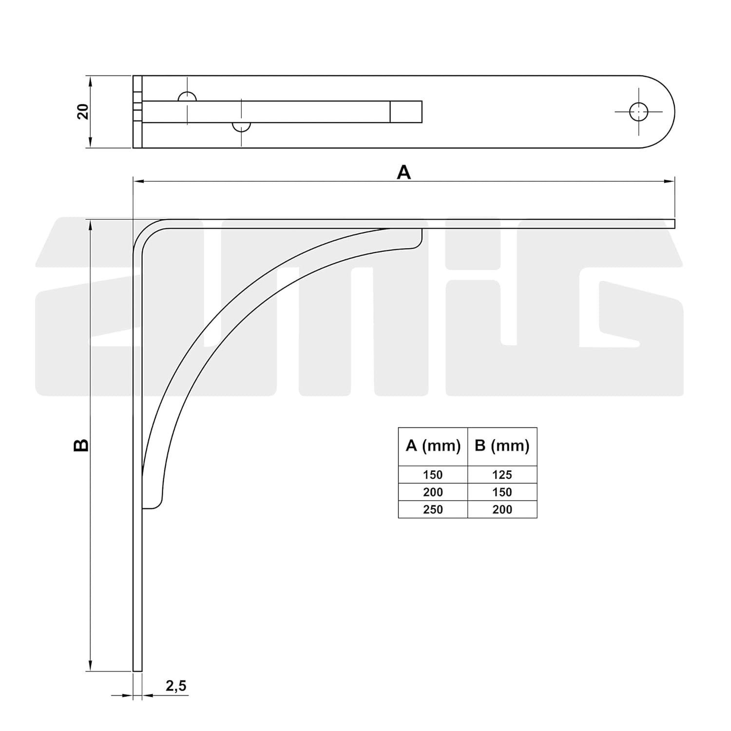 Amig - Shelf Bracket Stainless Steel Model 10 | Metal Bracket for Shelves | Shelf Bracket | Colour: White | Dimensions: 250 x 200 mm | Recommended Max Weight: 65 kg