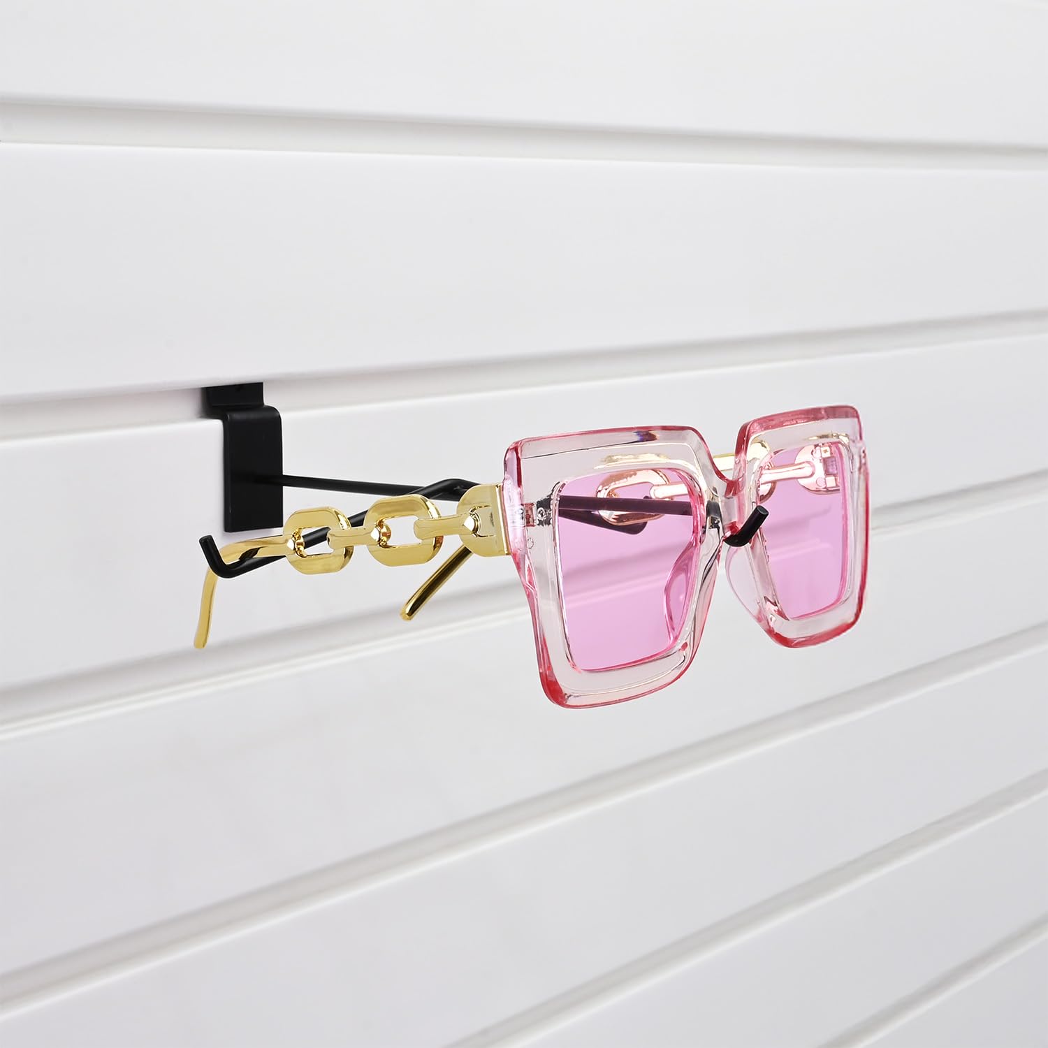 MOOCA Juego de 6 soportes de metal para gafas de sol para pared de listones, exhibición montada en la pared, muestra 180 grados de cualquier tamaño de gafas, color negro