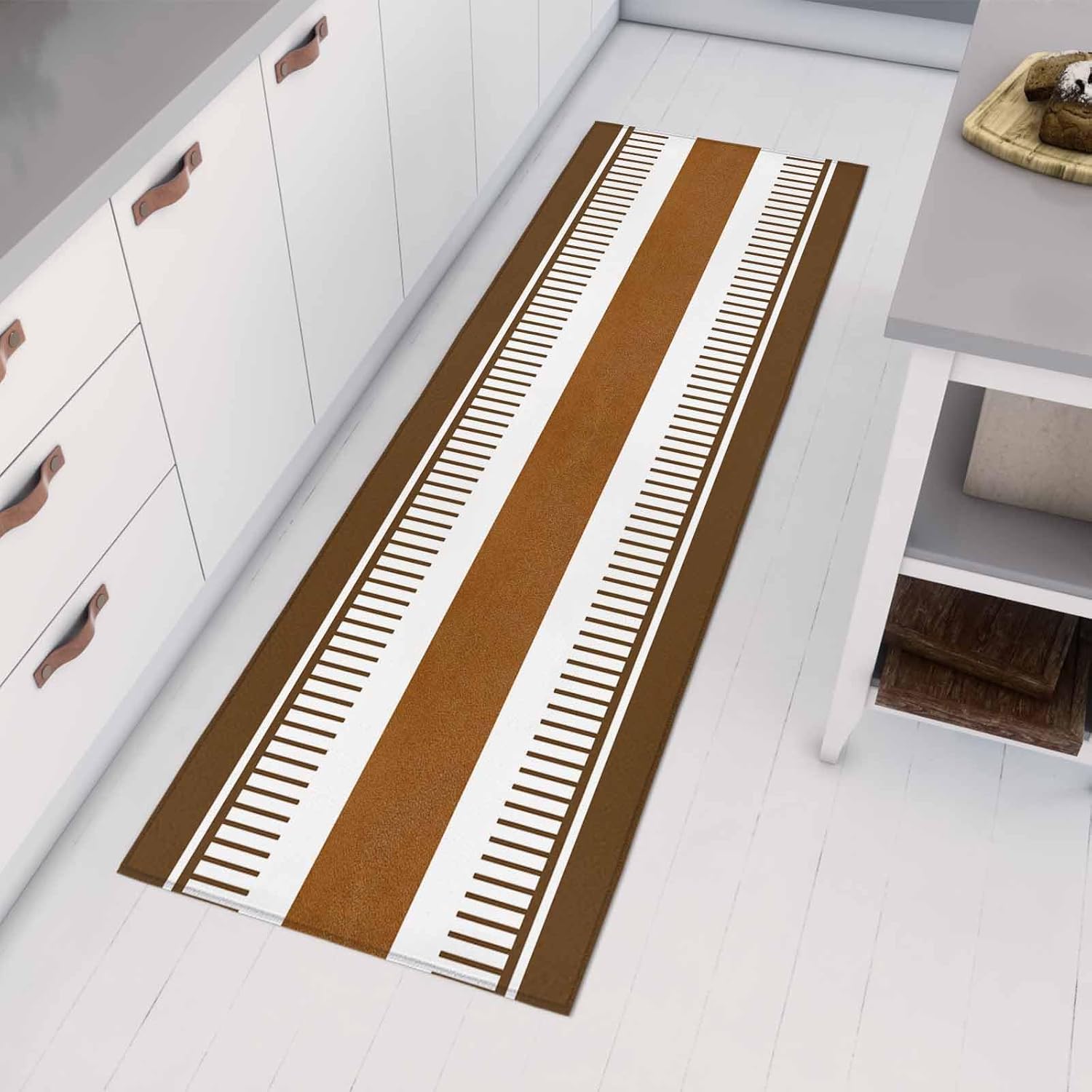 Teamery Kitchen Mats for Floor Farmhouse Stripes on White Washable Non Slip Kitchen Rugs 1PCS, Geometric Brown Lines Absorbent Standing Mats for Sink Bathroom Office Living Room 15.7x47.2in
