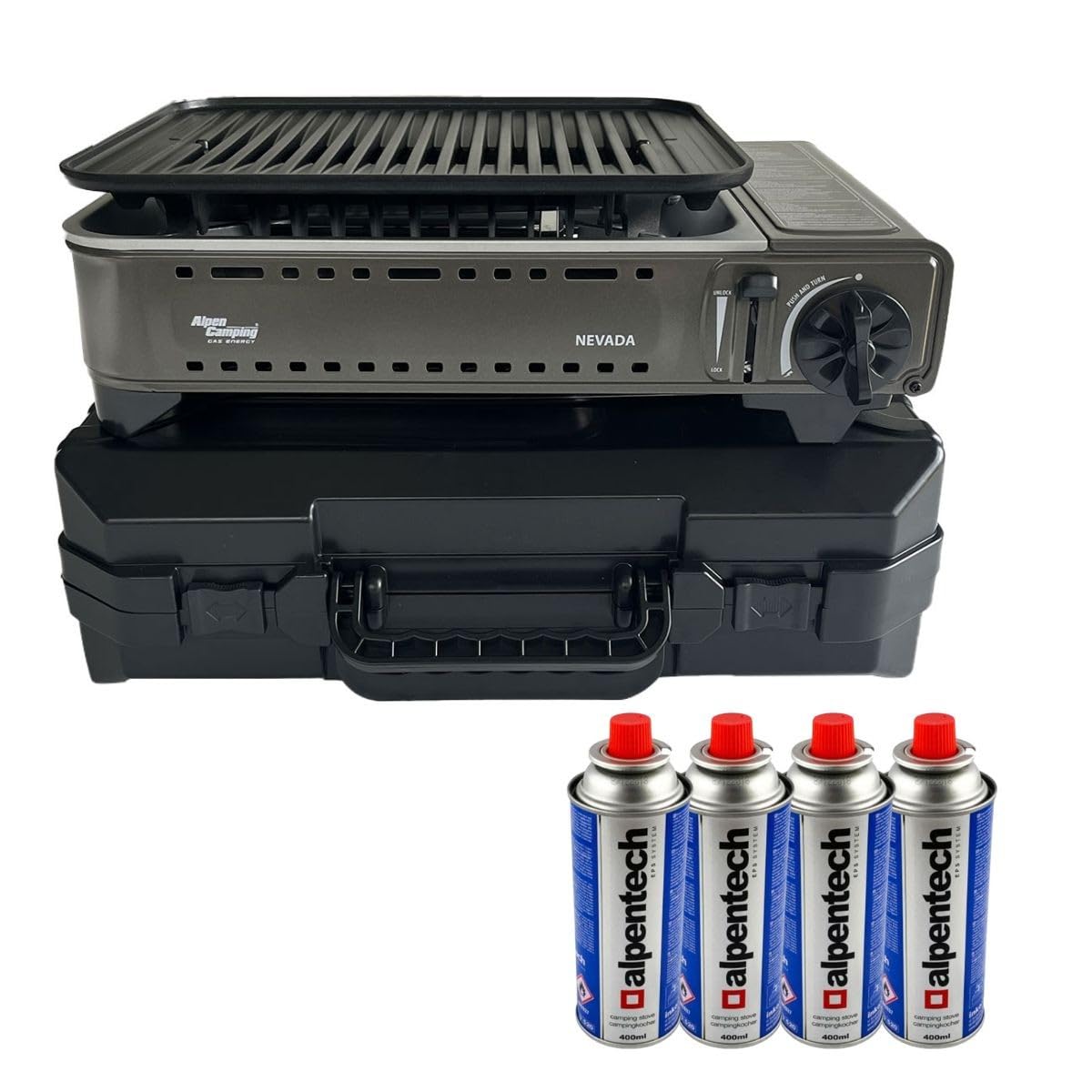 ALPEN - Barbecue a gas portatile Grill 1780 W + 4 cartucce a gas butano accensione piezo + valigetta campeggio