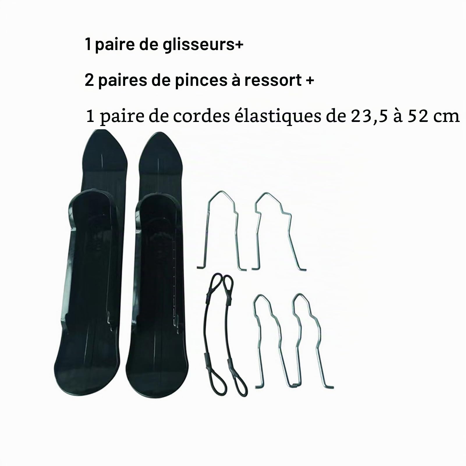 Skis de neige pour poussette, luge légère 2 en 1 avec pinces à ressort et corde élastique, ABS noir et fer, 53 x 9,5 x 7,7 cm, pour draisienne, chariot de golf, fauteuil roulant
