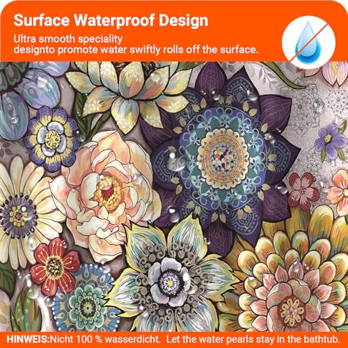 Lerores Shower Curtain, 240 x 200 cm, Bohemian Flower, Weighted Hem, Anti-Mould, Water-Repellent, Washable Polyester Bath Curtains with 16 Eyelets and Shower Curtain Rings for Bathroom, Bathtub - Image 2