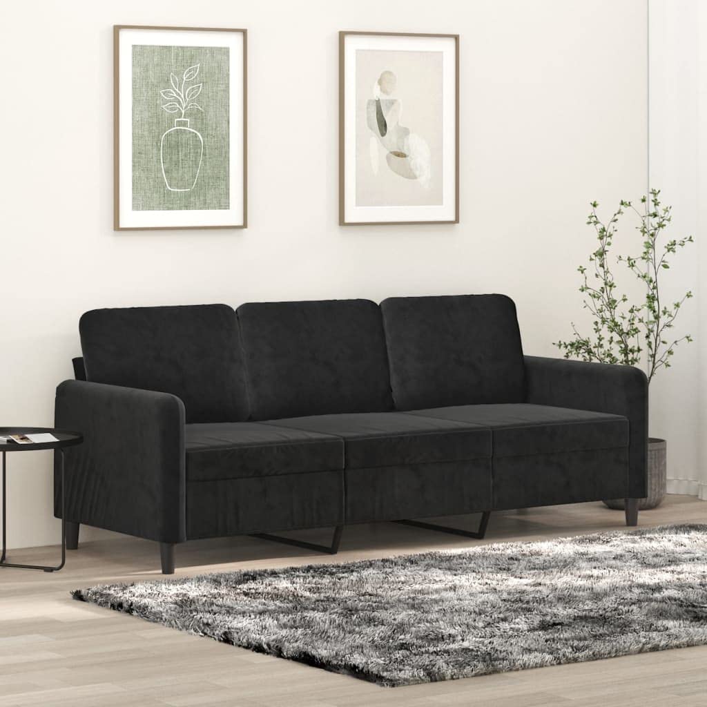 Sofa 3-osobowa, czarna, aksamitna, szerokość siedziska 180 cm, metalowy stelaż, meble tapicerowane, meble do salonu, kanapa z wygodnymi poduszkami piankowymi, nowoczesne wzornictwo do relaksu