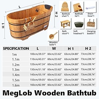 MegLob Mobile Free Standing Wooden Bathtub with Bath Tray, Solid Wood Bathtub Lit, Spa Deep Soaker with Tub Chair, Classic Japanese Body Soaking Barrel with Lid/Pop-Up Drain,140cm/55.19"