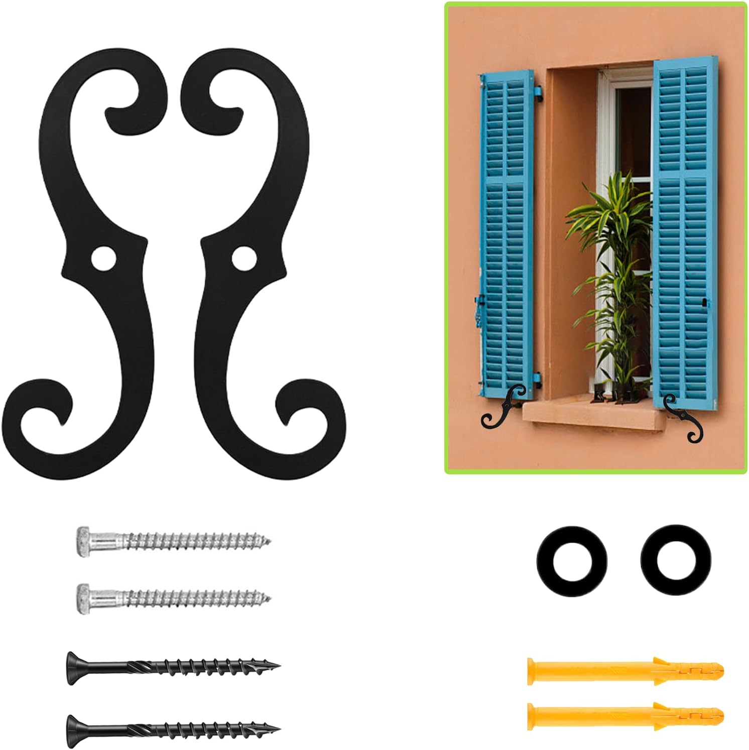 S Style Shutter Dogs Hardware, 6.3" Decorative Shutter Dog Holders with Mounting Screws, Rust Resistant Iron External Shutter Tieback for Exterior Shutters, 2pc Black