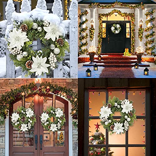 16 Inch Christmas Wreath, Front Door Outdoor Wreath with Flower Ball Ornament Pinecone Berry for Door Wall Window Fireplace Home Holiday Decoration-Silver