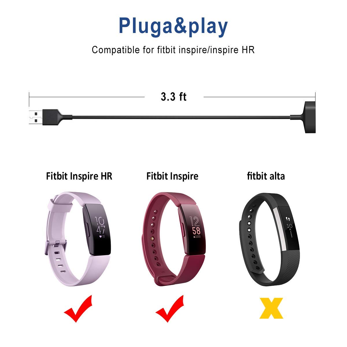 Master Cables Câble De Charge De Rechange Compatible Avec Fitbit Inspire HR, Fitbit Inspire, Fitbit Ace 2 Avec Aimants