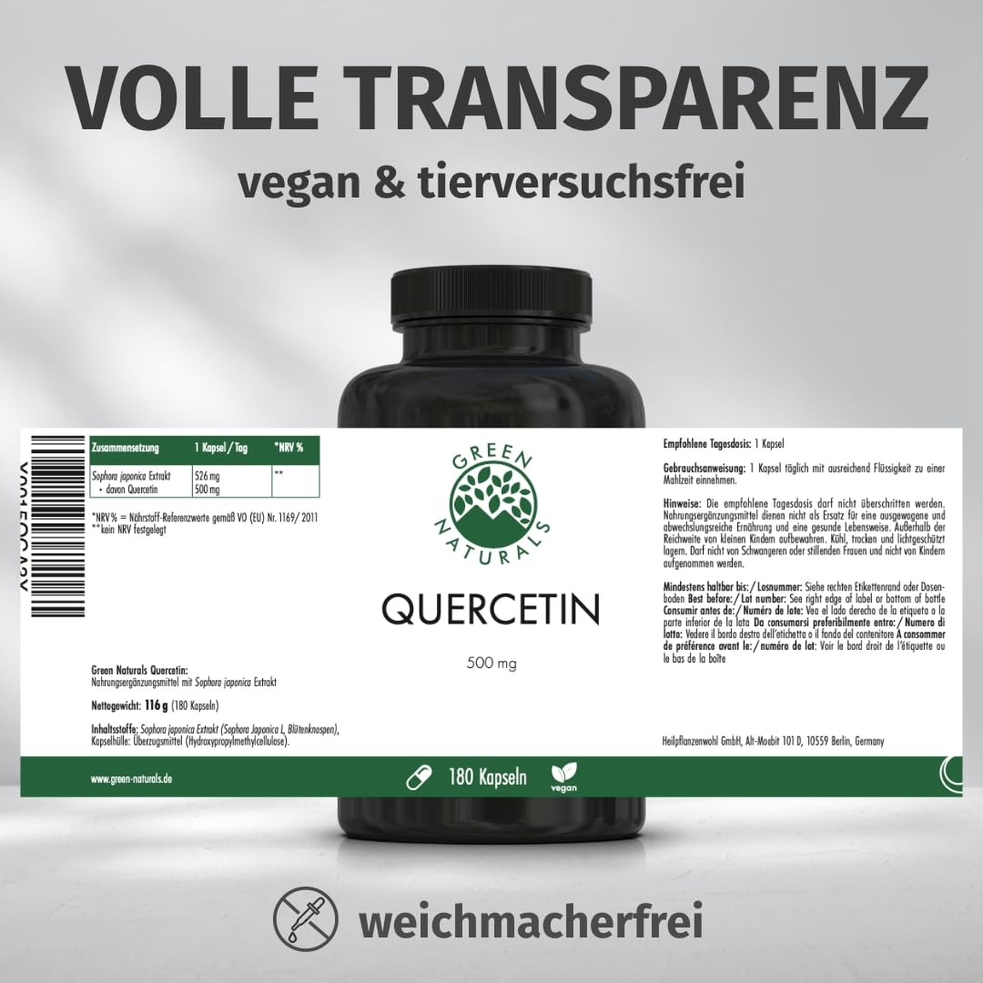 Green Naturals® Quercetin Kapseln – 500 mg Quercetin pro Kapsel – hochrein aus Sophora japonica (Blütenknospen) – vegan & ohne Zusätze – 180 Kapseln für 6 Monate