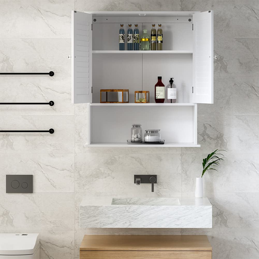 BAKAJI Pensile doppio Mobile Mobiletto Armadio Armadietto Bagno Parete Muro Doppia Anta Due Ripiani Design Moderno Salvaspazio Scaffali Interni Legno Bianco 60x20x70 cm