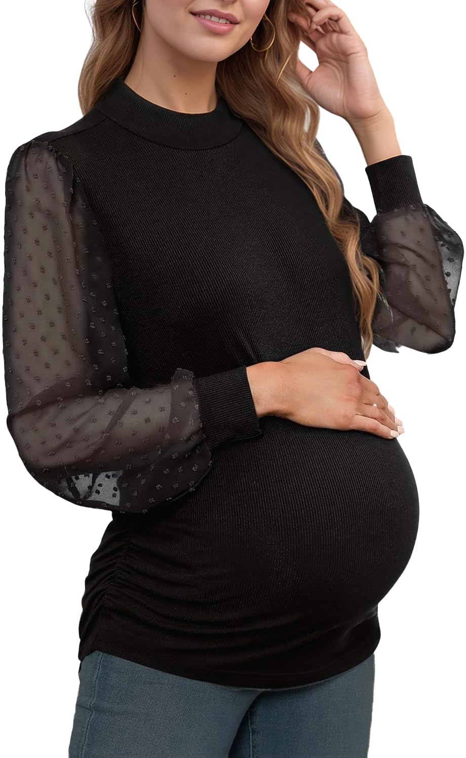 Womens Maternity Shirt Floral Sleeve Mock Neck Pregnancy Clothes 2025 Fall Tops Ribbed Knit Blouses