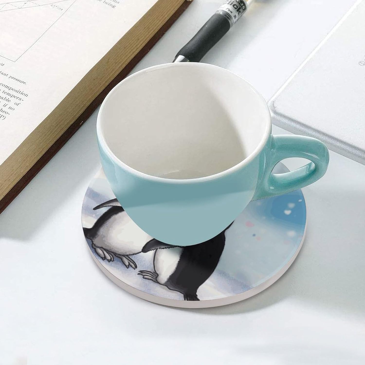 6PCS I Love Penguins Coasters Non-Slip Round Drink Coasters with Ceramic Stone and Cork Base, Heat Resistant Absorbent 33.00Stone Coaster Set for Kinds of Mugs and Cups, 4 Inch