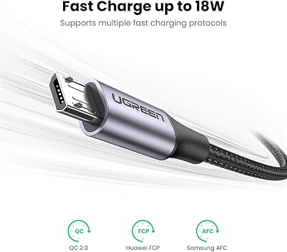 Ugreen Örgülü Micro-USB & USB-A Data ve Şarj Kablosu, 50 CM, Siyah