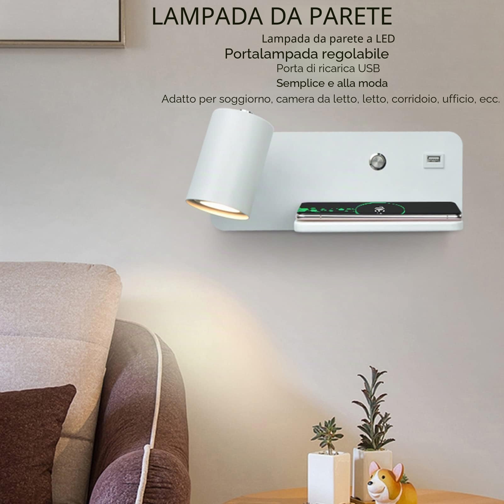 Applique a Led, Lampada Da Lettura a Parete Da Comodino Con Caricatore Wireless Da 5 V E Porta Di Ricarica Usb Lampada Da Parete Da Camera Da Letto Regolabile E Girevole Per Il(Bianco a destra)