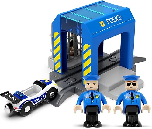 Miniatura 3 de Accesorios de madera para vías de tren, juguete de estación de oficina de policía compatible con Thomas & Brio, paquete de expansión de tren de