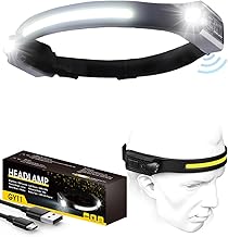 LED Head Torch Rechargeable, 2 Spot 1200LM Headtorch with Motion Sensor Control, 230° Wide COB Headlamp, 5 Lighting Modes, IPX4 Waterproof Headband Flashlight for Hiking, Running, Camping, 1 Pack