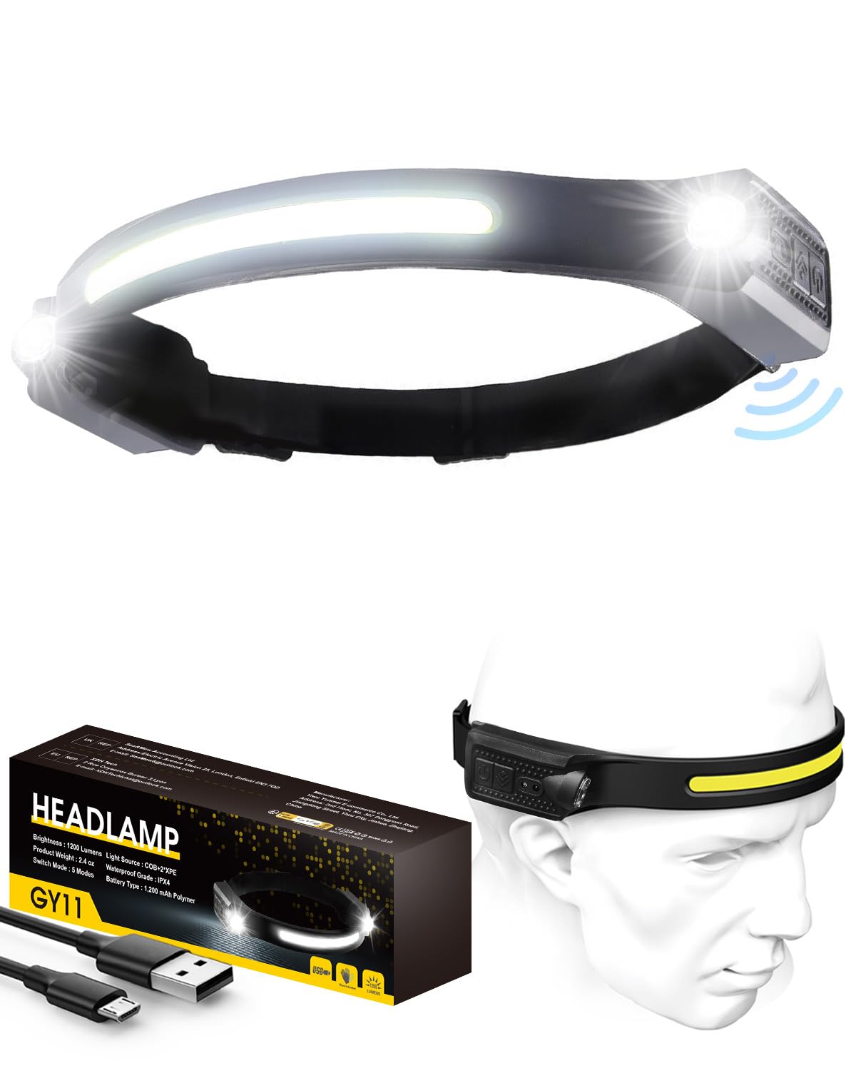 Coyonce Black Led Head Torch Rechargeable, 2 Spot 1200Lm Headtorch With Motion Sensor Control, 230° Wide Cob Headlamp, 5 Lighting Modes, Ipx4 Waterproof Headband Flashlight For Hiking, Running, Camping, 1 Pack