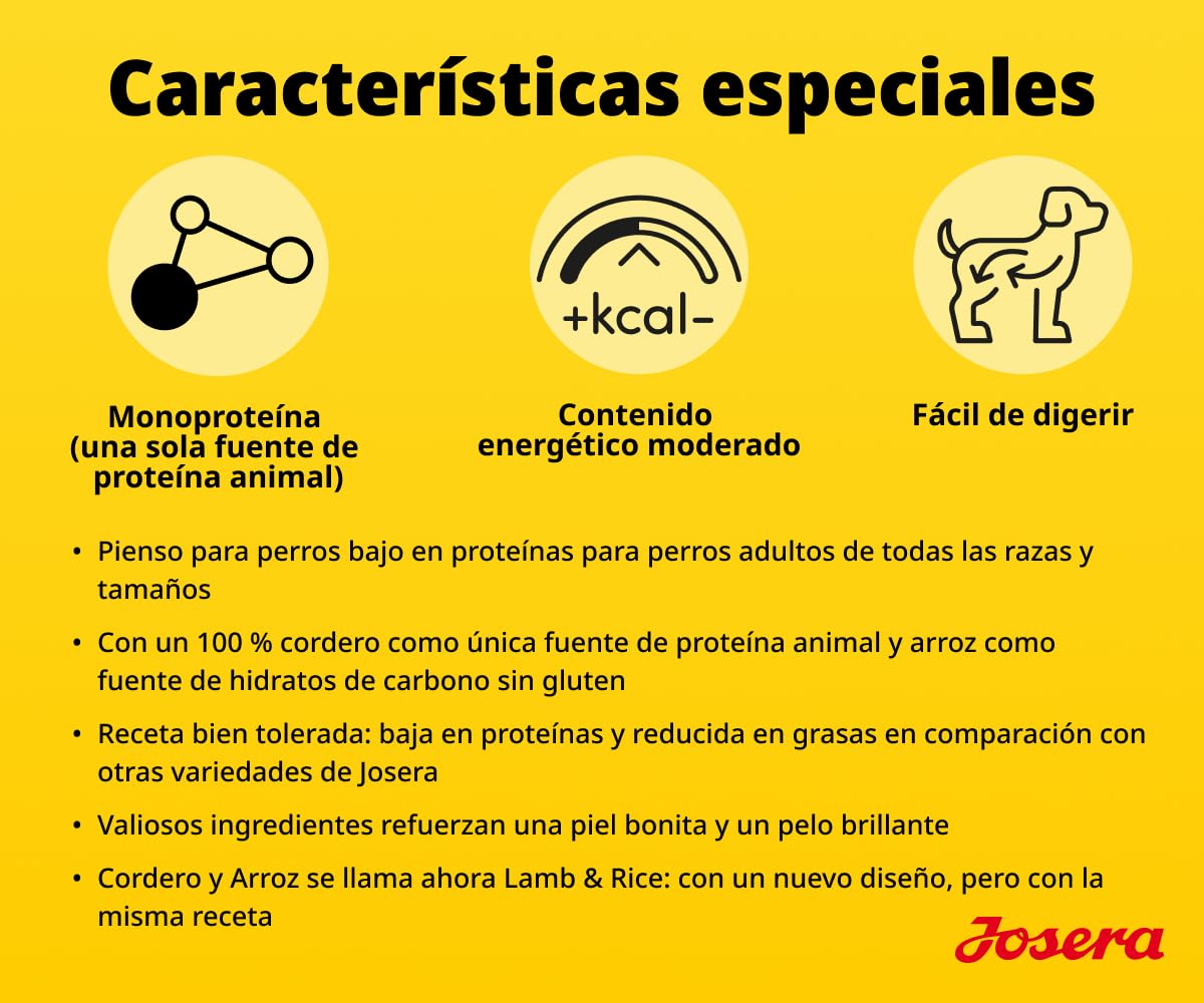 JOSERA Cordero y arroz (1 x 12,5 kg) | Adultos | Pienso seco para Perros Adultos | Monoproteína: 100% Cordero | Bajo en proteínas y con Contenido reducido en Grasas: Especialmente fácil de digerir