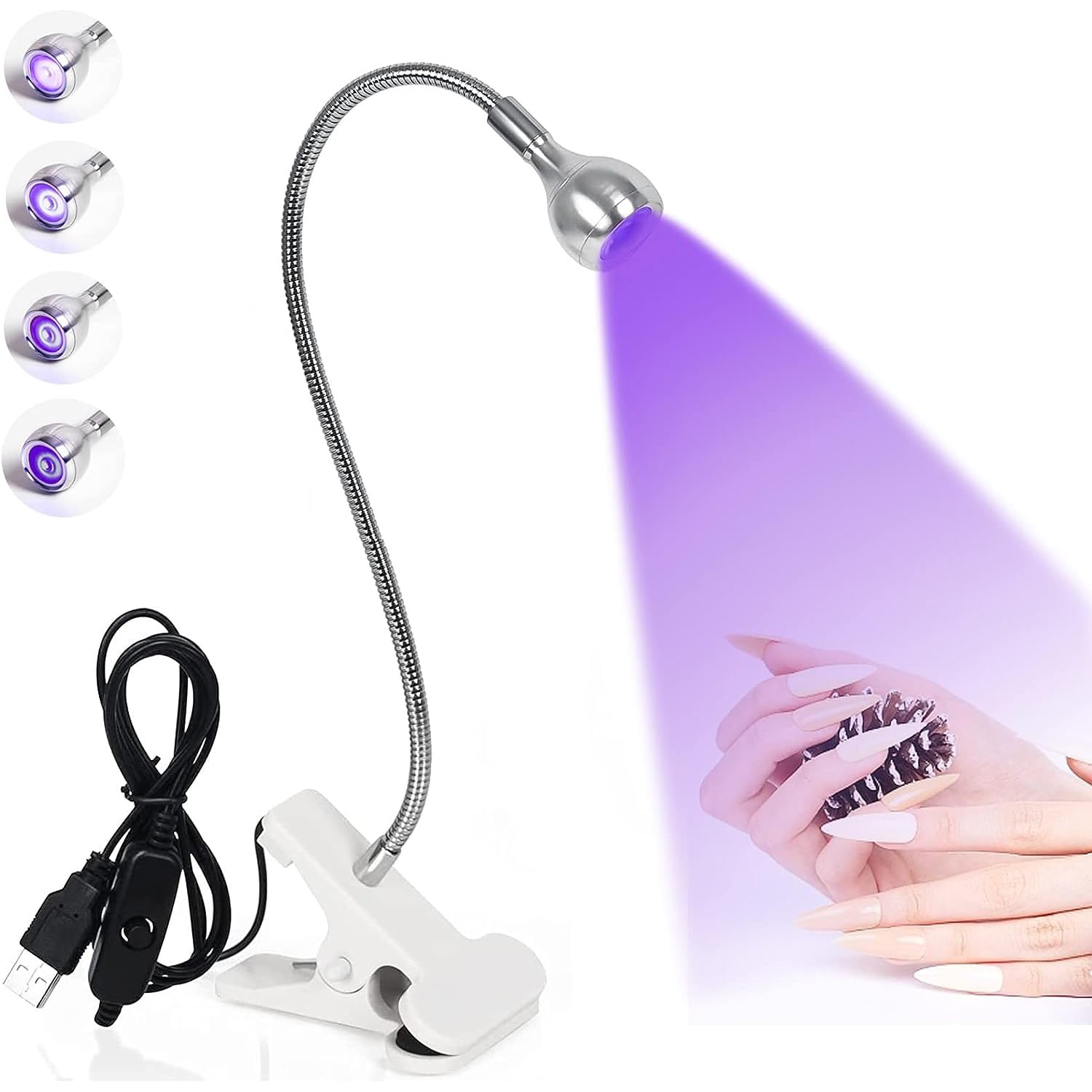 ALMEKAQUZ UV LED Nail Lamp, 3W Gel Nail Polish Curing Lamp with 4 Levels Setting Gooseneck Lamp Clip, Nail Dryer for Gel Nail, Portable Manicure Dryer Curing Light for Salon Nail DIY Home (White)