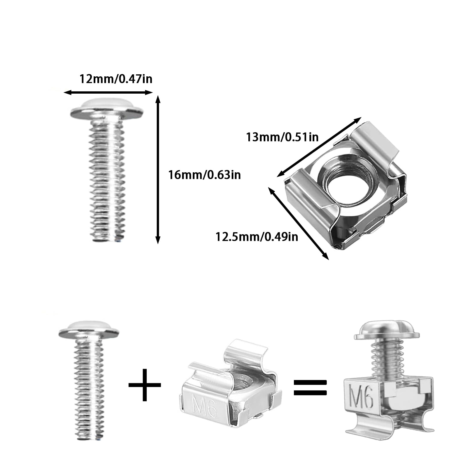 50x Set di Viti con Gabbia M6, Viti e Dadi in Gabbia per Armadio Rack, Viti di montaggio per armadietti server, M6x16mm Dadi a Gabbias per Montaggio a Rack, Armadi di Server Accessori