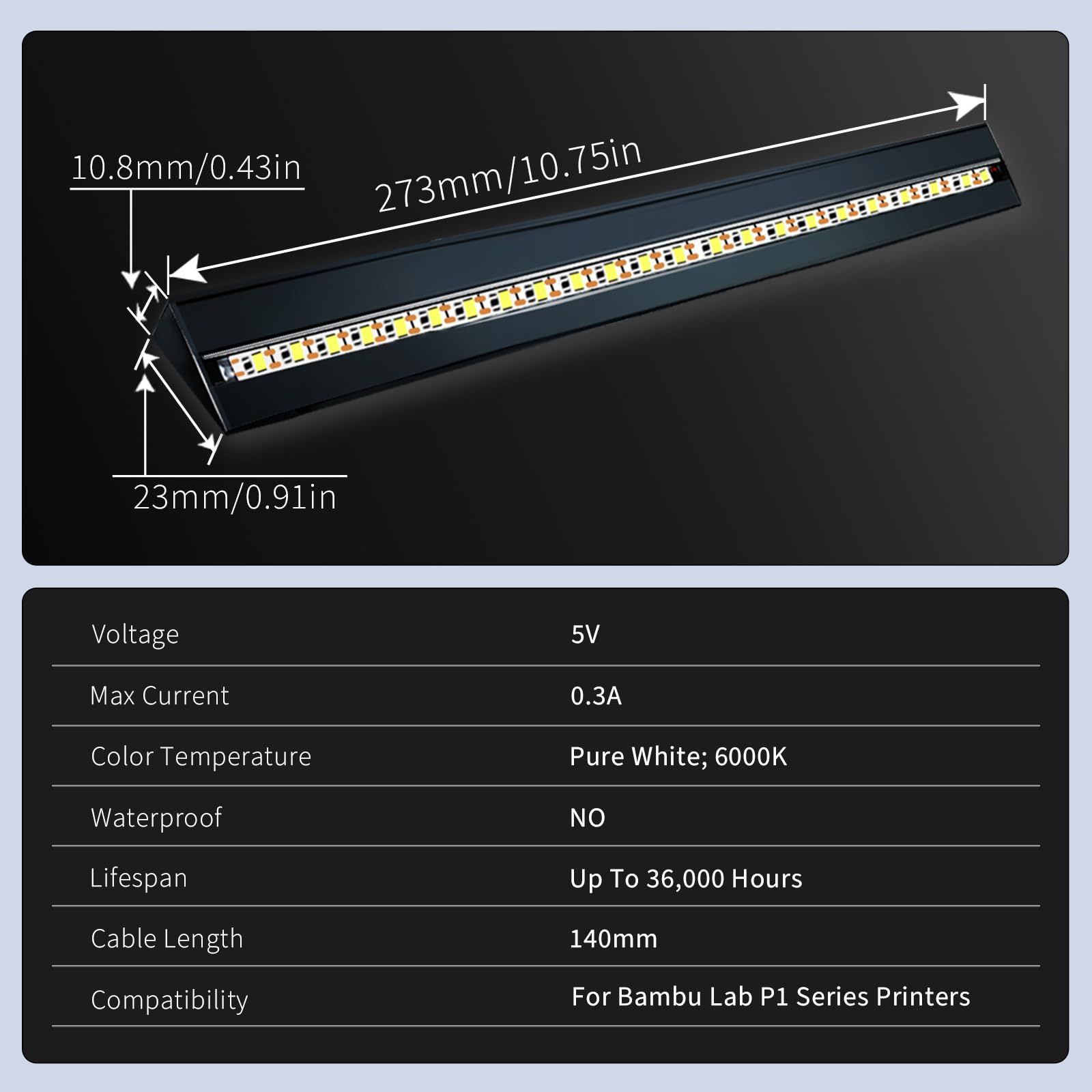 Upgraded LED Light Strip Kit For Bambu Lab P1P/P1S 3D Printer - Magnetic 5V Light Bar With Aluminum Cooling