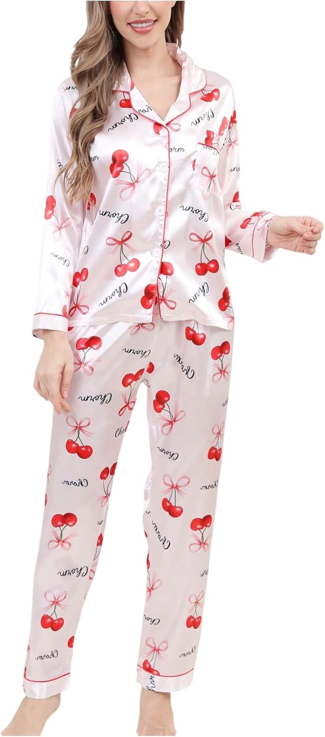SHENHE Women's Satin Pajamas Set Button Down Long Sleeve Cherry Bow Pjs Silky Pants Loungewear
