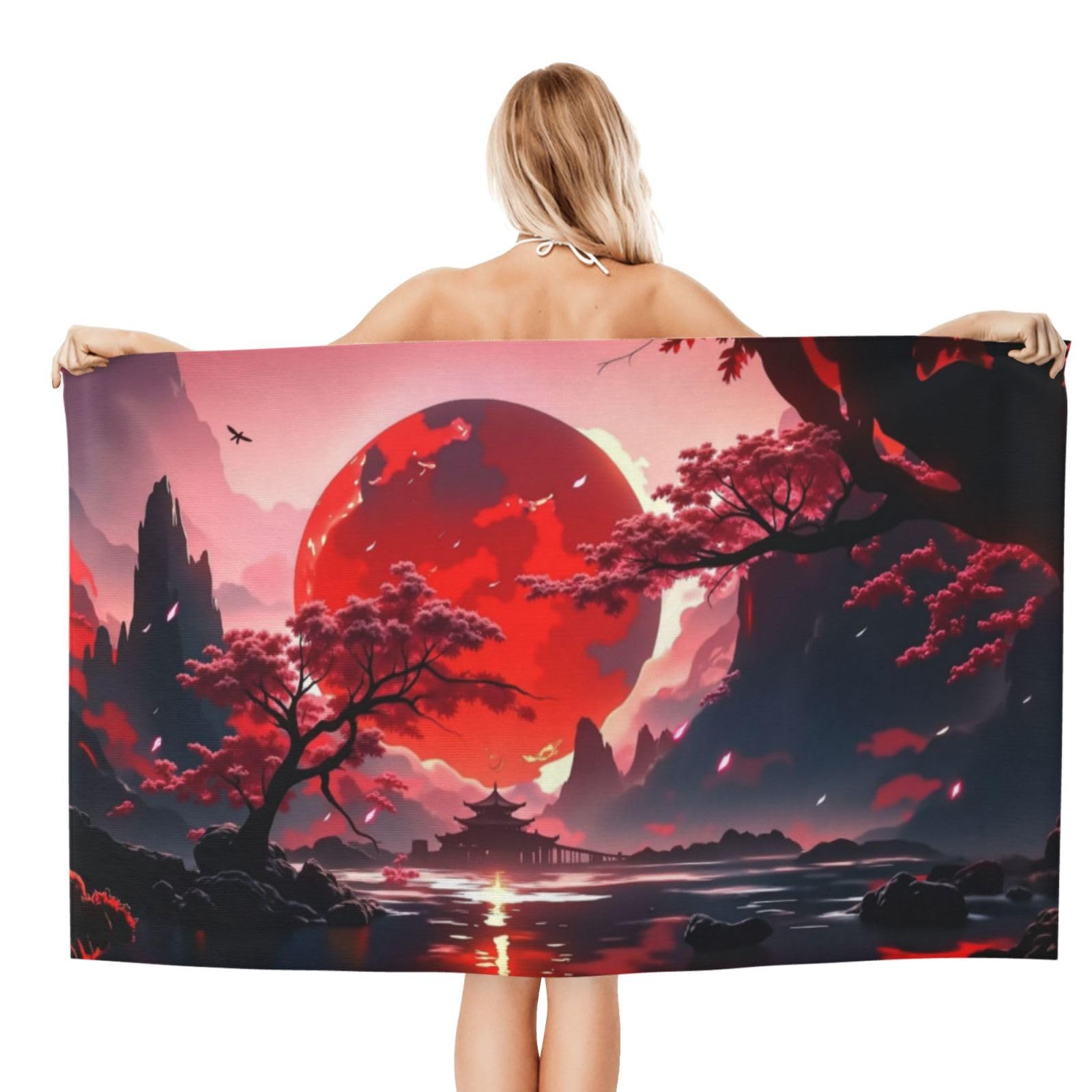 Anceky Beach Towel for Women, Red Moon Landscape Sand-Free Microfiber Ultra Soft Lightweight Bath Towels for Outdoor Bathroom Swimming 32"X52"
