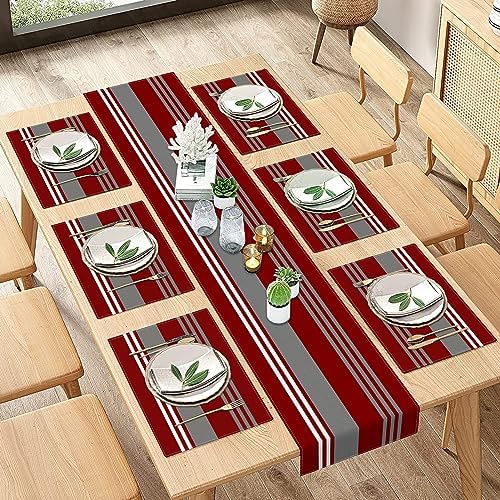 ArtSocket Burgundy Table Runner and Placemats Set of 6, Red Stripes Colorful Grey Line Vintage Abstract Art Dining Table Decor for Daily Use(1 Table Runner 72 inches Long and 6 Placemats)