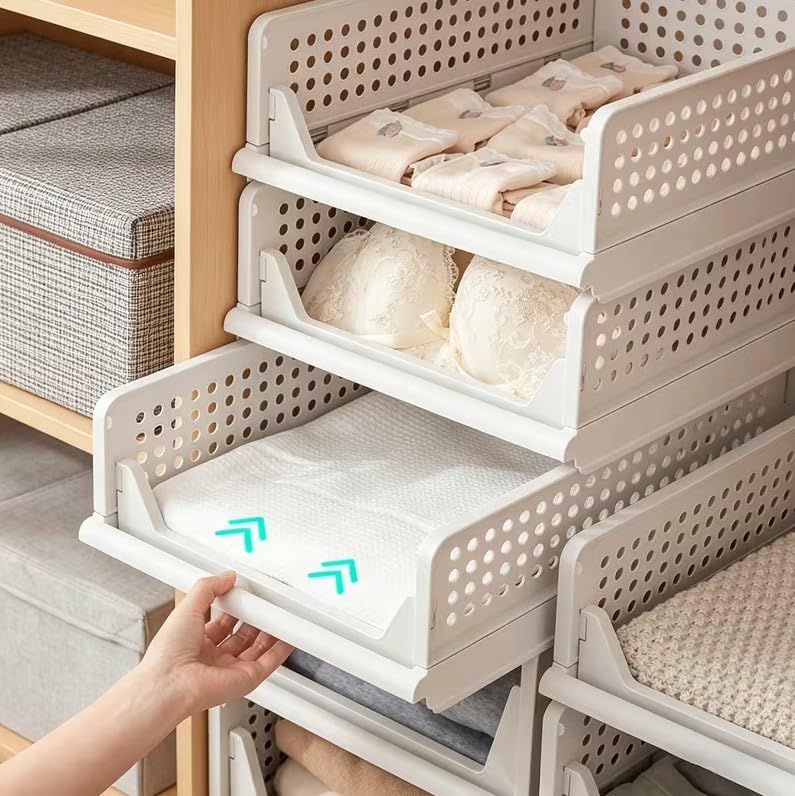 Genérico Organizador de Armario (Pack de 8) – Cajas de Almacenamiento de Plástico con Cajones Extraíbles para Ropa, Estantes, Vestidor y Baño, 43 x 32,5 x 18,5 cm