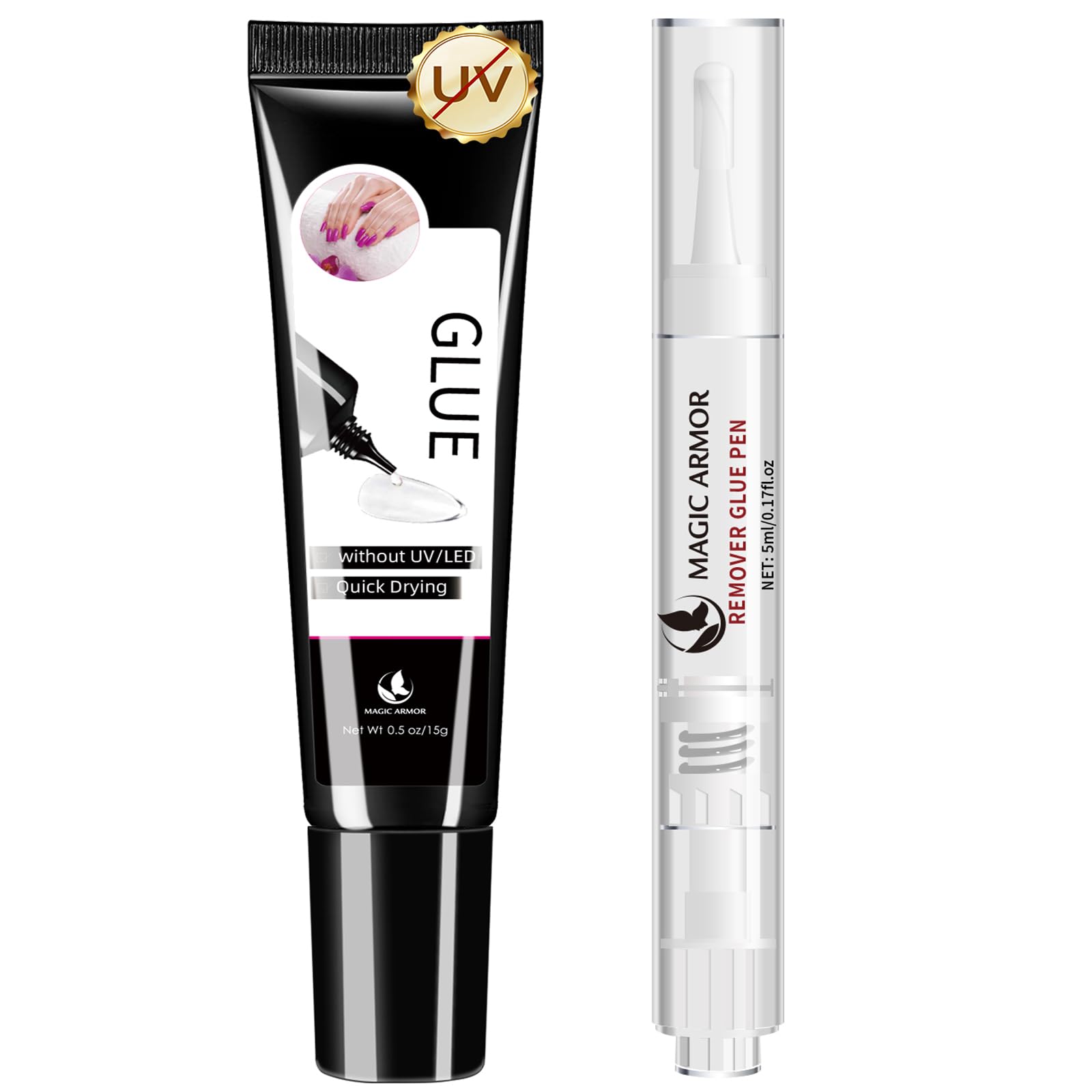 15g Semi Solid Nail Glue Gel with 5ml Remover Glue Pen, Super Glue for Press On Nails, No UV Light Needed Long Lasting, Click Removal Pen Design 3-in-1 Remover